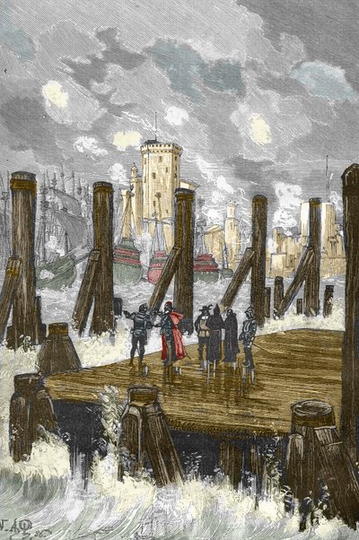Beleg van La Rochelle (1627-1628): “De Kardinaal van Richelieu (1585-1642) op de dam van La Rochelle, tijdens het beleg van de stad, plaats d
