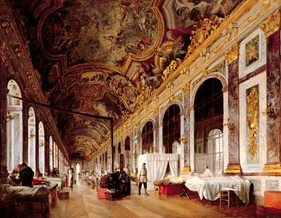 De Spiegelzaal in Versailles gebruikt als militair ziekenhuis voor het verzorgen van gewonde Pruisen in 1871 door Victor Buchereau