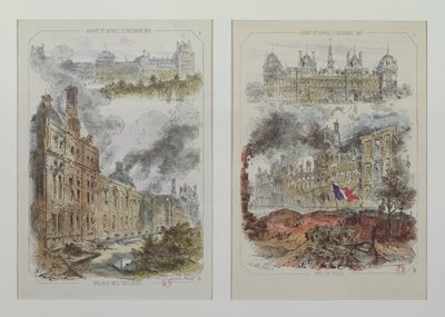Gezichten op het Tuilerieënpaleis en het stadhuis voor en na de branden van 1871 door Victor Coindre