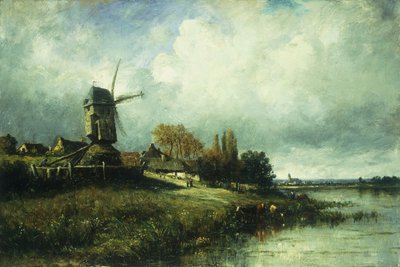 Een Rivierlandschap met een Windmolen, 1870 door Leon Victor Dupre