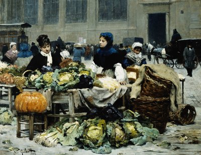 Een groentekraam, op Les Halles Centrales, Parijs, 1878 door Victor Gabriel Gilbert