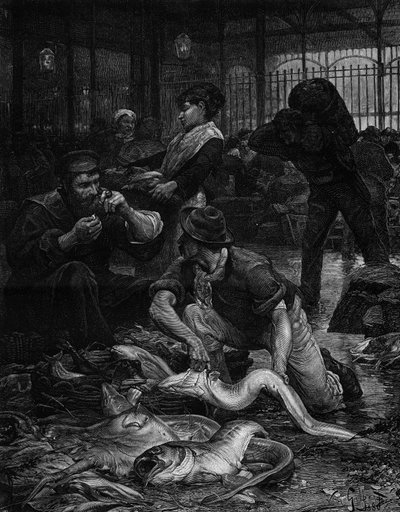 Een hoek van de Vismarkt in de ochtend (1880). Gravure naar het schilderij van Victor Gabriel Gilbert (1847-1933). In 