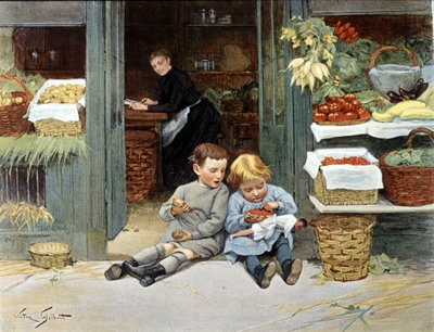 Twee kinderen eten een appel en aardbeien. Illustratie door Victor Gabriel Gilbert