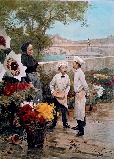 Het feest van de patroon: leerlingen bloemisten en een bloemenwinkel aan de kade. Gravure naar het schilderij van Victor Gabriel Gilbert door Victor Gabriel Gilbert