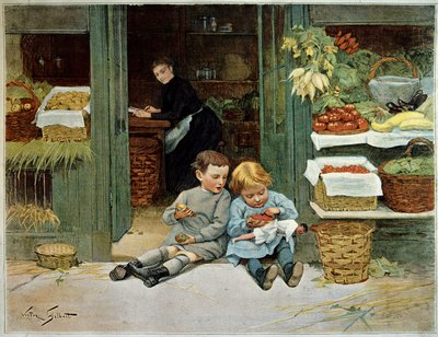 Tour hem. Kind eet toast voor de boodschappen van hun moeder. Het meisje heeft een pop op haar schoot. Schilderij door Victor Gilbert (1847-1935). Parijs, Decoratieve Kunsten door Victor Gabriel Gilbert