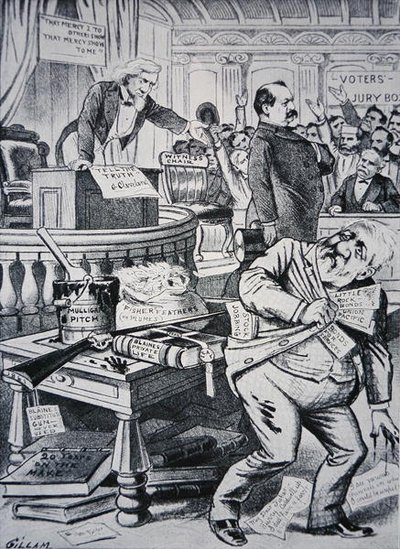 Grover Cleveland (1837-1908) vertelt de waarheid over zijn privéleven, terwijl zijn tegenstander James Blaine (1830-93) als corrupt wordt afgebeeld door Victor Gillam