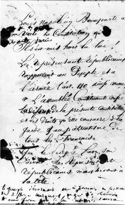 Eerste pagina van het manifest dat de mensen van Parijs oproept om de schending van de Franse grondwet door Louis Napoleon Bonaparte af te wijzen, 1851 door Victor Hugo