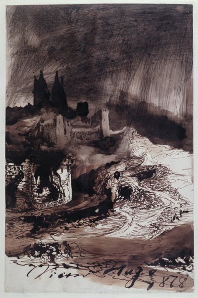 Het kasteel, 1878 (pen en inkt en was op papier) door Victor Hugo
