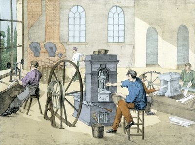 Muntenwinkel (munt slaan), litho van Janson. 19e eeuw. door Victor Janson