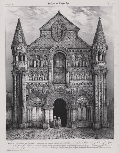 Romaans gevel van de Kerk van Notre Dame la Grande, Poitiers, Frankrijk door Victor Jean Baptiste (after) Petit