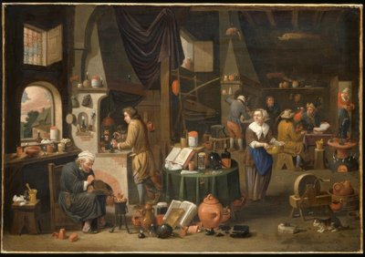 Interieur met Alchemist en Assistenten door Victor Mahu