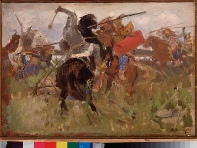 Slag tussen de Scythen en de Slaven, botsing van ruiters in harnas door Victor Mikhailovich Vasnetsov