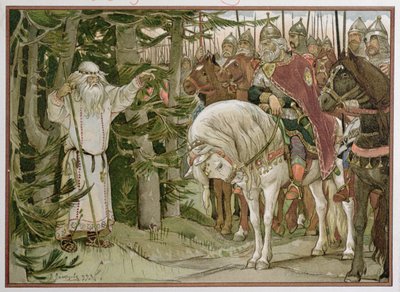 Prins Oleg (ca. 912) ontmoet de waarzegger die voorspelt dat zijn paard de oorzaak van zijn dood zal zijn, illustratie uit 