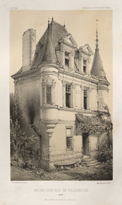 Pittoreske Architectuur of Monumenten van de 15e en 16e Eeuw: Kastelen van Frankrijk uit de 15e en 16e Eeuw: Pl. 9, Oud Kasteel van Villeneuve (Yonne) door Victor Petit
