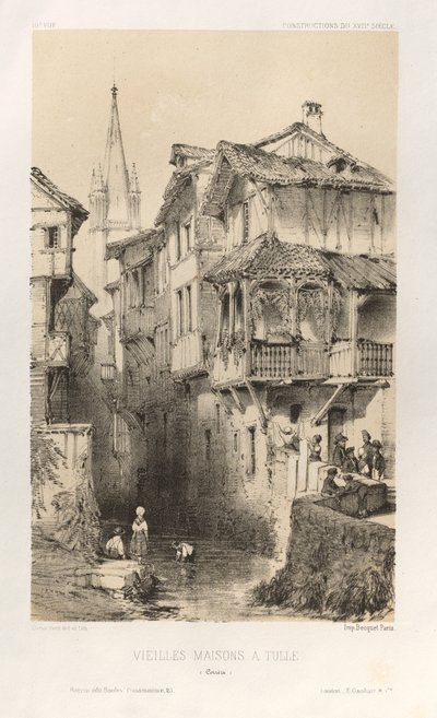 Pittoreske Architectuur of Monumenten van de 15e en 16e Eeuw: Kastelen van Frankrijk uit de 15e en 16e Eeuw: Pl. 10, Oude Huizen in Tulle (Corrèze) door Victor Petit