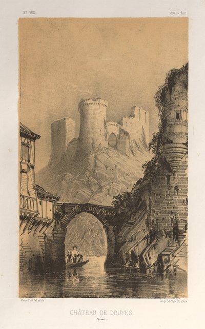 Pittoreske Architectuur of Monumenten van de 15e en 16e Eeuw: Kastelen van Frankrijk uit de 15e en 16e Eeuw: Pl. 12, Kasteel van Druyes (Yonne) door Victor Petit