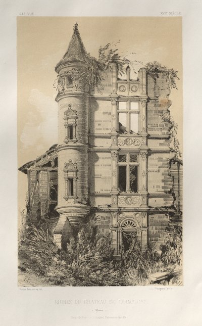 Pittoreske Architectuur of Monumenten van de 15e en 16e Eeuw: Kastelen van Frankrijk uit de 15e en 16e Eeuw: Pl. 24, Ruïnes van het Kasteel van Champlost (Yonne) door Victor Petit