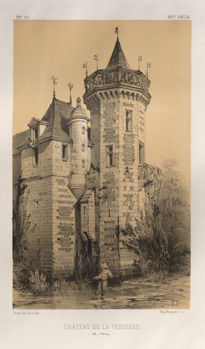 Pittoreske Architectuur of Monumenten van de 15e en 16e Eeuw: Kastelen van Frankrijk uit de 15e en 16e Eeuw: Pl. 28, Kasteel van La Verdiere (Ille en Vilaine) door Victor Petit