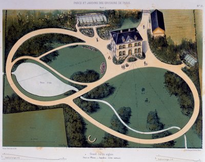Grote Engelse tuin van 6300 vierkante meter, Illustratie uit Parcs et Jardins des environs de Paris door Victor Petit
