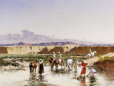Arabische Ruiters die water drinken in een Oase door Victor Pierre Huguet