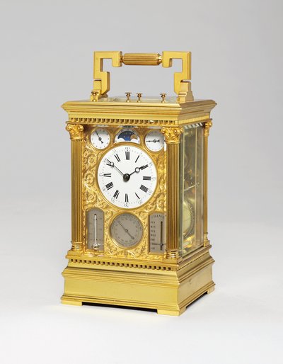 Franse messing grande sonnerie acht dagen reisklok met volledige kalender, maanstand, barometer & thermometer, c.1880 door Victorien Boseet