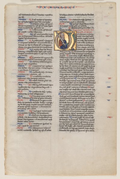 Blad met Initiaal uit een Latijnse Bijbel: Initiaal M: St. Paulus met een Zwaard en een Boek door Vienna Moralized Bible Workshop