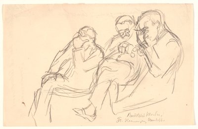 Figurenschets. Drie zittende mannen: Fr. Henningsen, Aarsleff en P. Johansen door Viggo Johansen