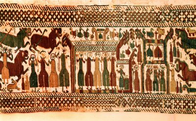 Viking: zangers en klokkenluiders. Wandtapijt van de kerk van Skog, Zweden, eind 12e eeuw. Stockholm, historiska museet door Viking