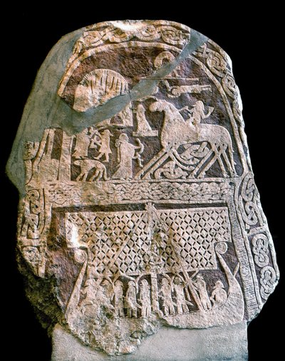 Runensteen met Wotan (Odin) op zijn achtbenige paard Sleipnir, aan boord van een Vikinglangschip door Viking Viking