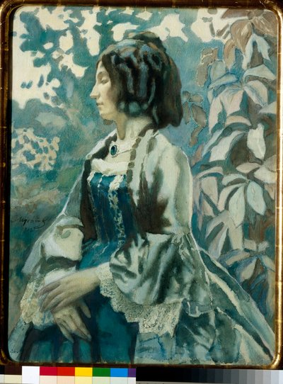 Portret van een vrouw, ogen gesloten, peinzend, gekleed in een crinoline jurk - Werk van Viktor Elpidiforovich Borisov-Musatov (1870-1905) door Viktor Elpidiforovich Borisov Musatov
