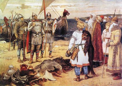 De Uitnodiging van de Varangians: Rurik en zijn broers arriveren in Staraya Ladoga, voor 1912 door Viktor Mikhaylovich Vasnetsov