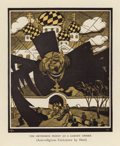 De orthodoxe priester als tuinspin (kleurenlitho) door Viktor Nikolaevich Deni