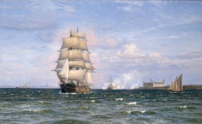 Deens barkschip voor kasteel Kronborg en Helsingør in de verte door Vilhelm Arnesen