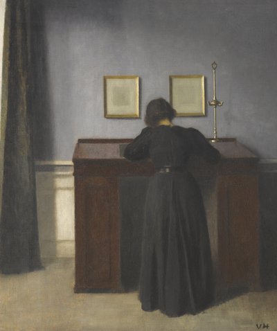 Ida staand aan een bureau door Vilhelm Hammershøi