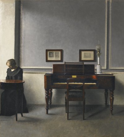 Ida in een Interieur met Piano door Vilhelm Hammershøi