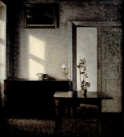 Interieur met potplant op kaarttafel, 1910-1911 door Vilhelm Hammershøi