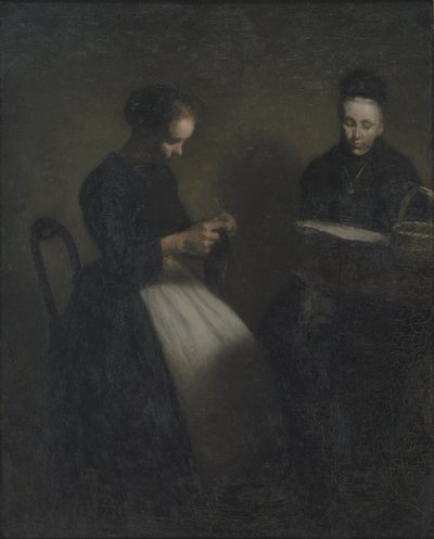 Avond in de salon, de moeder en vrouw van de kunstenaar door Vilhelm Hammershoi