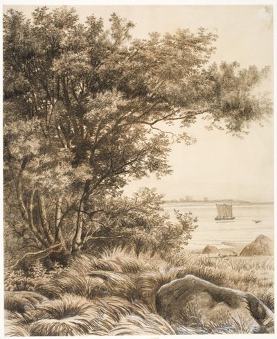 Kustlandschap met hoge bomen. Motief van Esrum meer door Vilhelm Kyhn