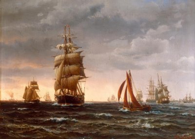 Schepen op ruwe zee door Vilhelm Melbye