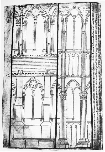 Facsimile kopie van Ms Fr 19093 fol.31v Exterieur en interieur elevatie van de zijmuren van de kathedraal van Reims door Villard de Honnecourt