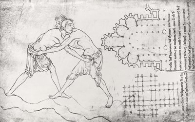 Ms.Fr.19093 fol.14v Twee worstelaars, plan van een cisterciënzer kerk en plan van het koor van Notre-Dame de Cambrai (facsimile kopie) door Villard de Honnecourt