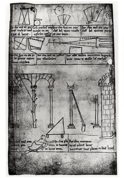 Ms.Fr.19093 fol.20v Geometrische figuren voor constructie, bogen en man die de hoogte van een toren meet (facsimile kopie) door Villard de Honnecourt