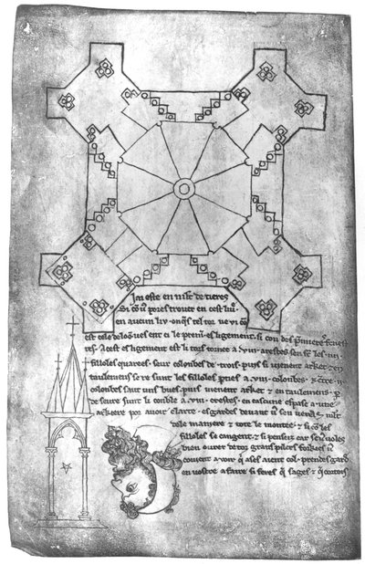 Ms 19093 fol.9v Facsimile kopie van een plan van de toren van de kathedraal van Laon, het hoofd van een bebaarde man en een gotisch raam door Villard de Honnecourt