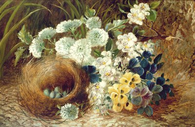 Een Stilleven van Bloemen en een Vogelnest op een Mossige Oever door Vincent (after) Clare
