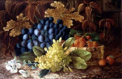 Een stilleven van druiven en een mand met aardbeien op een mosrijke oever door Vincent (after) Clare