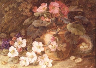 Stilleven met Appelbloesem, Primula en Vogelnest door Vincent Clare