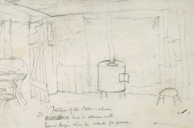 Interieur van de hut waar Zwarte Ketel zijn onderhoud had met Generaal Hazen toen hij om vrede vroeg, 1869-71 door Vincent Colyer