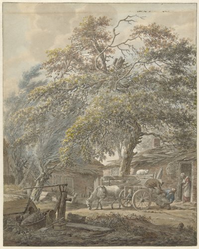 Boerenerf met twee mannen die een wieg op een paardenkar laden door Vincent Jansz. van der Vinne