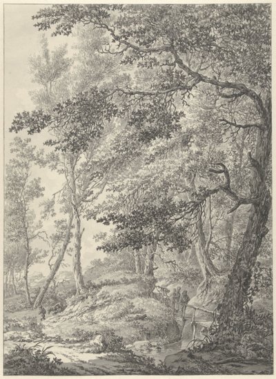 Boslandschap met een houten bruggetje en twee wandelaars door Vincent Jansz. van der Vinne