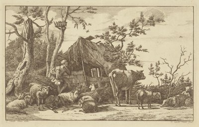 Zittende herder met vee voor een vervallen schuur door Vincent Jansz. van der Vinne